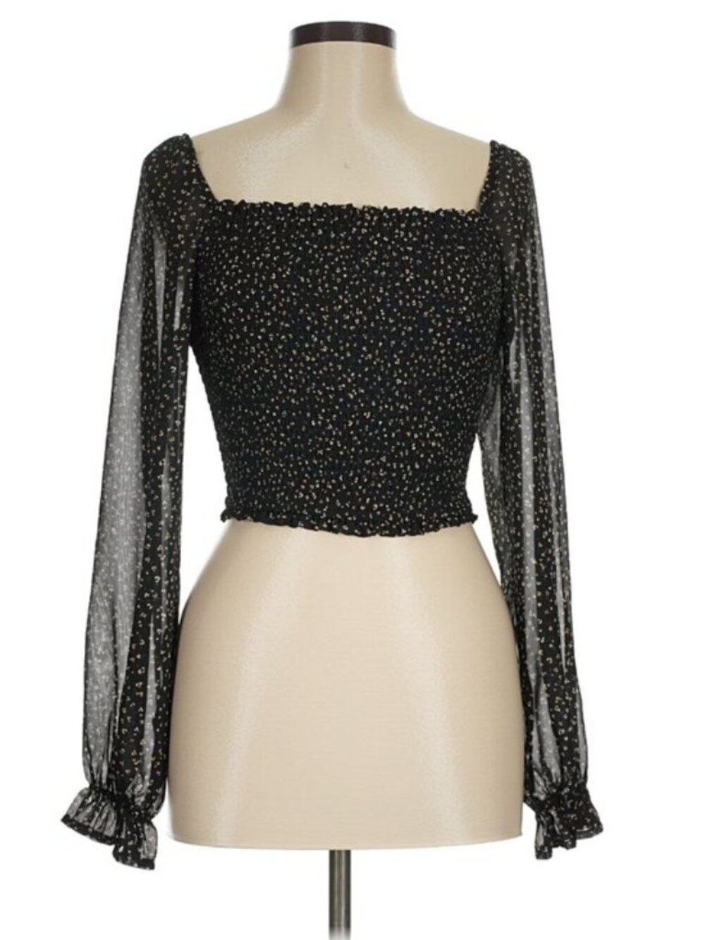NWT Japna Black Floral Smocked Square Neck Long Sleeve Crop Top M